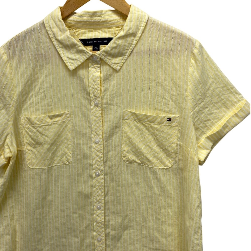 Tommy Hilfiger Button Up Short Sleeve Camp Shirt Womens XL Yellow White Striped